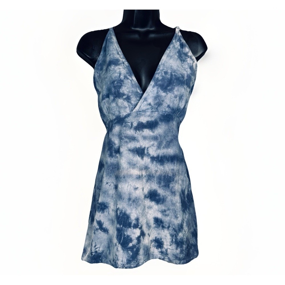 Katmandu Strappy Cotton Surplice LG Smocked Tank Top Babydoll Tunic Blue Tie Dye